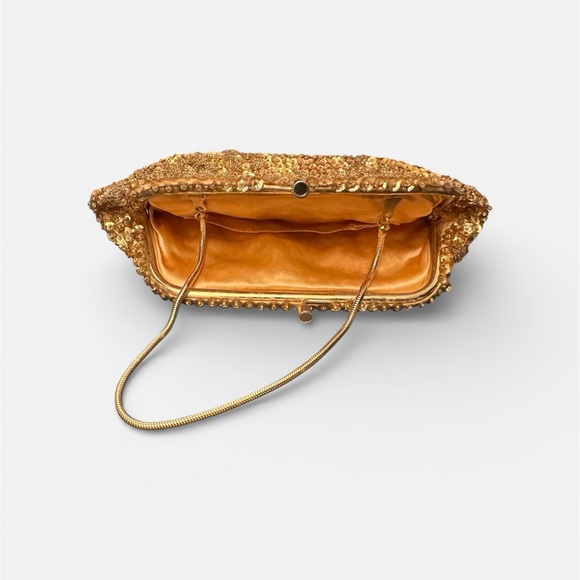 1950s Vintage Gold Beaded Evening Bag | Sequin Clutch w/ Snake Chain | Free S/H - Picture 2 of 4